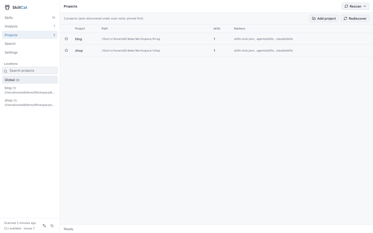 SkillCat Projects view: a list of discovered projects with their skill counts and paths.